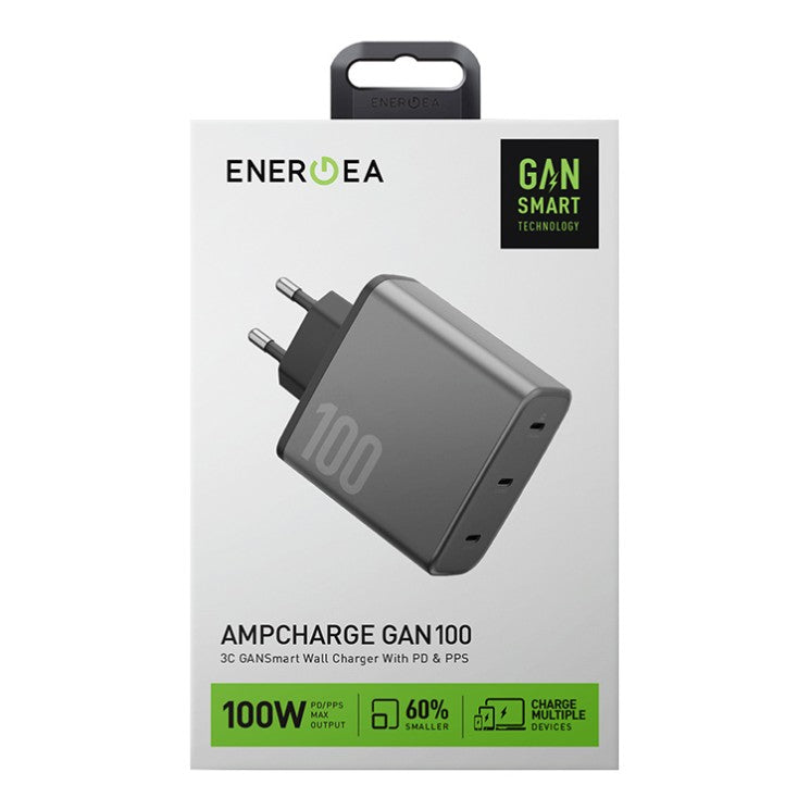 ENERGEA AMPCHARGE GAN100, 3C PD/PPS/SCP/QC3.0/AFC/FCP/ WALL CHARGER,100W (EU) - GUNMETAL