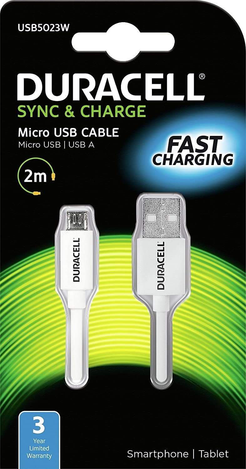Duracell Micro USB sync & charger cable 2m White