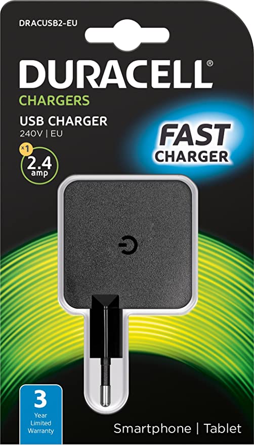 Duracell Single USB 2.4A Mains Fast Charger - Black
