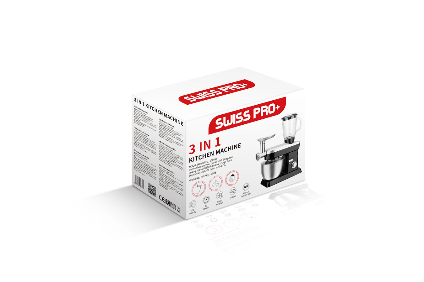 Swiss Pro+ Powerful 3 in 1 Food Processor 6.3L - Blender, Meat Grinder, Mix - Food Processor - Black - 1500W SP-PKM1900B