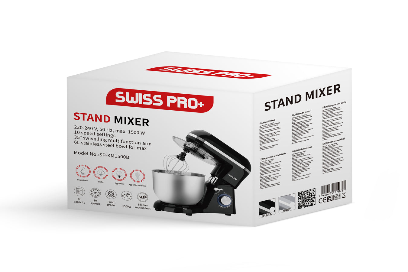 Swiss Pro+ Stand Mixer Stainless Steel - 6L 1500W - Silver &amp; Black SP-SM1500B