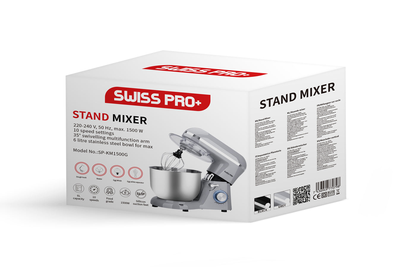 Swiss Pro+ Stand Mixer Stainless Steel - 6L 1500W - Silver &amp; Grey SP-SM1500G