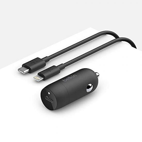 Belkin 30W USB-C PD Car Charger + 1 m USB-C to Lightning Cable, Black