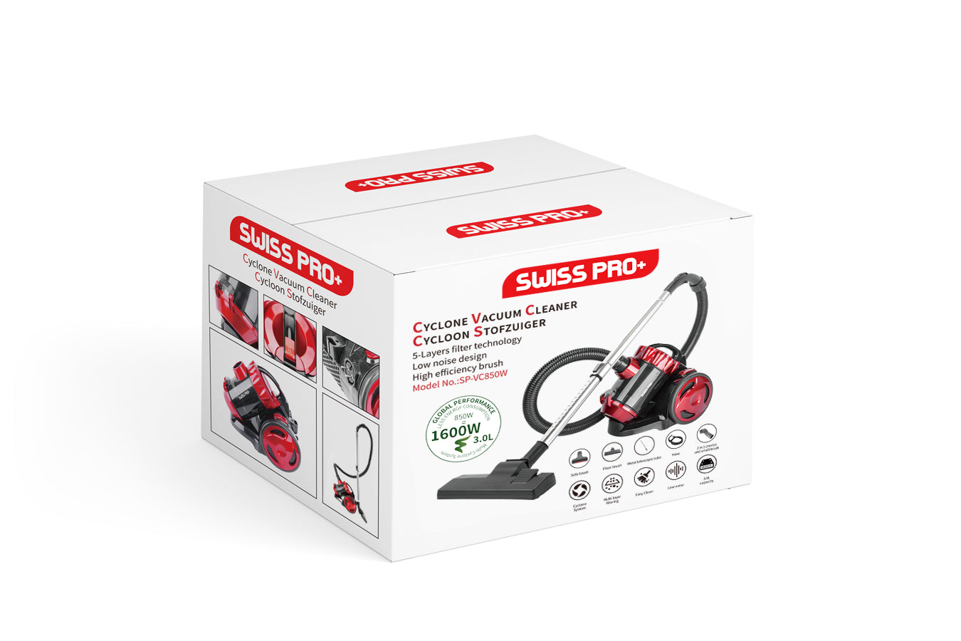 Swiss Pro+ Bagless Vacuum Cleaner - Floor - Pet Hair- without Bag - 1600 W - with 3L Dust Capacity - Black &amp; Red SP-VC850W