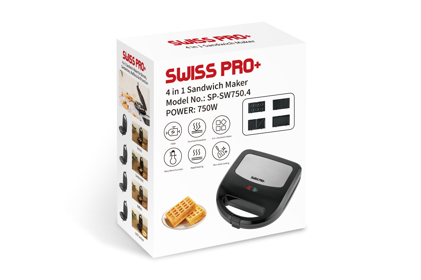 Swiss Pro+ Sandwich Maker 4-in-1 - Toaster, Waffle Iron, Contact Grill, Doughnut Maker -Black - Stainless Steel - 750W SP-SW750.4