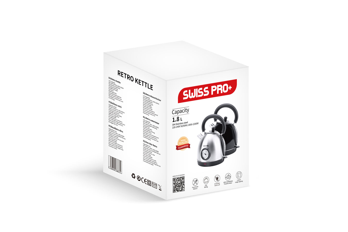 Swiss Pro+ Retro Kettle 1.8L - 2200W - Silver SP-WK2200BS