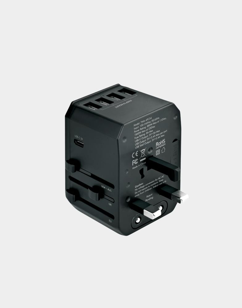 ENERGEA TRAVELWORLD ADAPTER 1USB-C + 3USB-A QC3 28W WALL CHARGER-BLACK