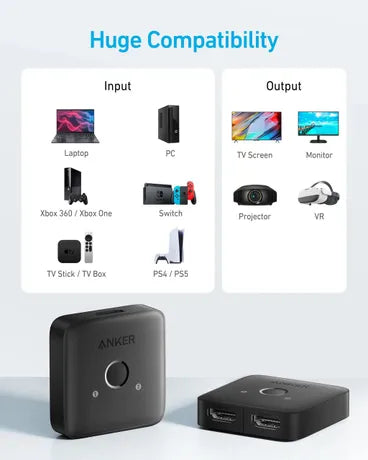 Anker HDMI Switch 4k@60Hz Bi-Directional 2 in 1 out Gray - A83H10A1